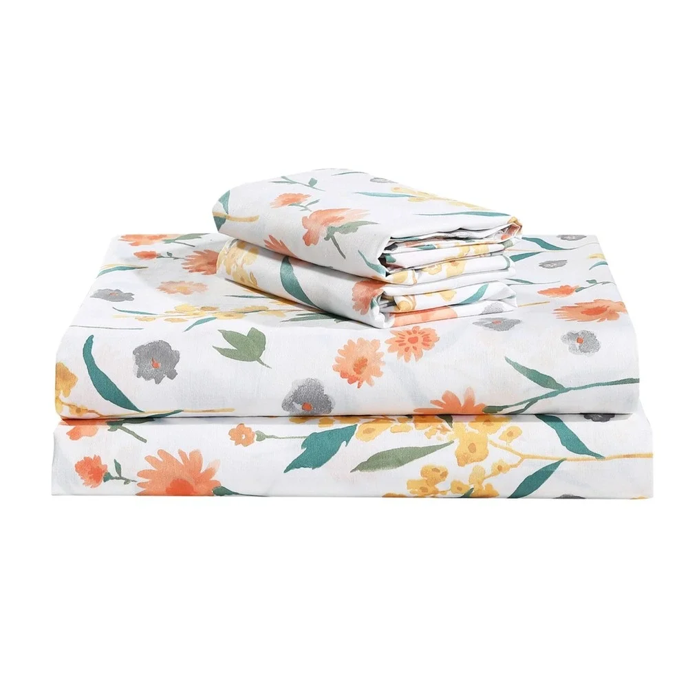 Estella‎ Orange White Floral 100% Cotton Sheet Set with Pillowcase Twin XL